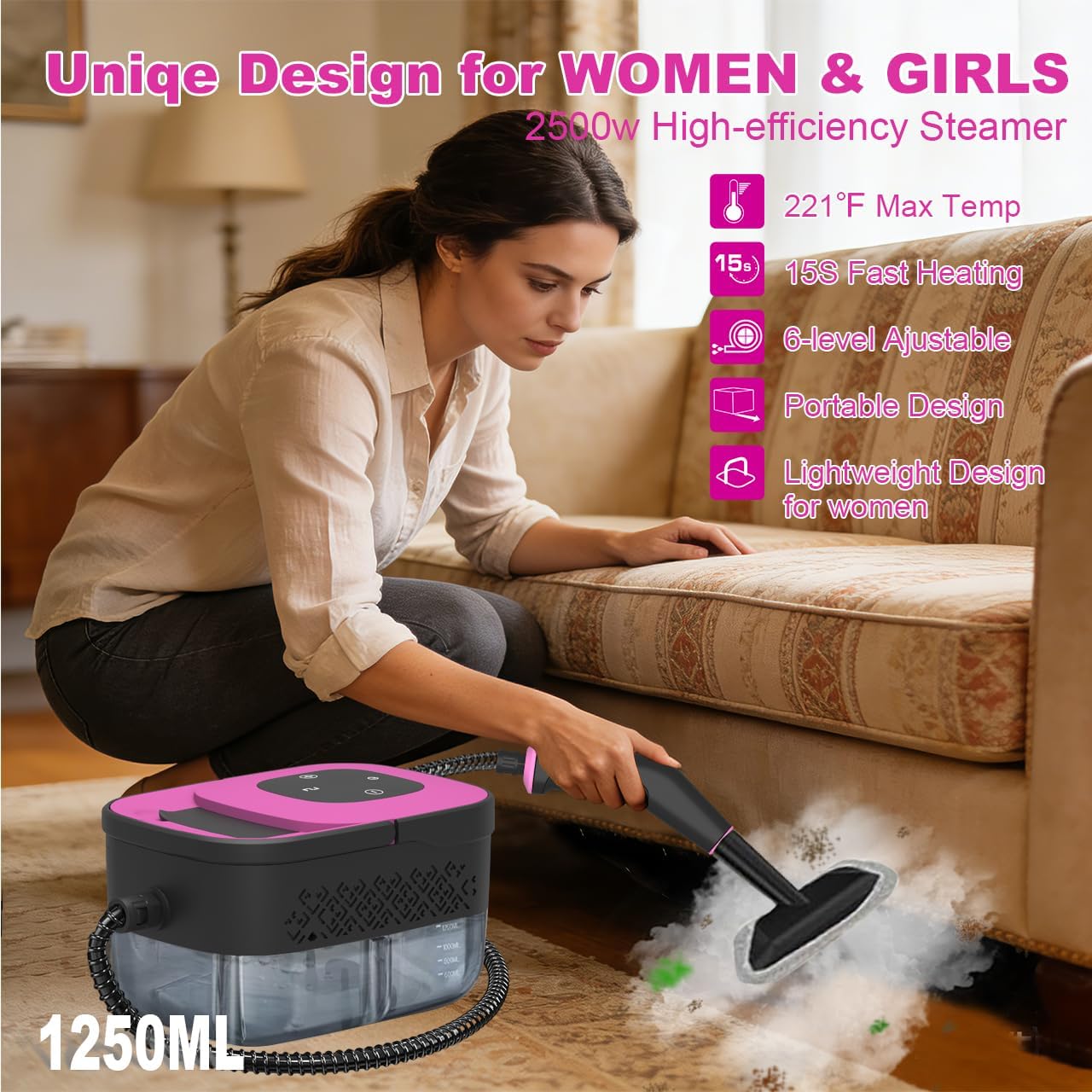 Skiennix Portable Steam Cleaner - 16-Piece Accessory Set, 6-Level Adjustable, Fast 15s Heat-Up | Lightweight Handheld for Home & Car Detailing