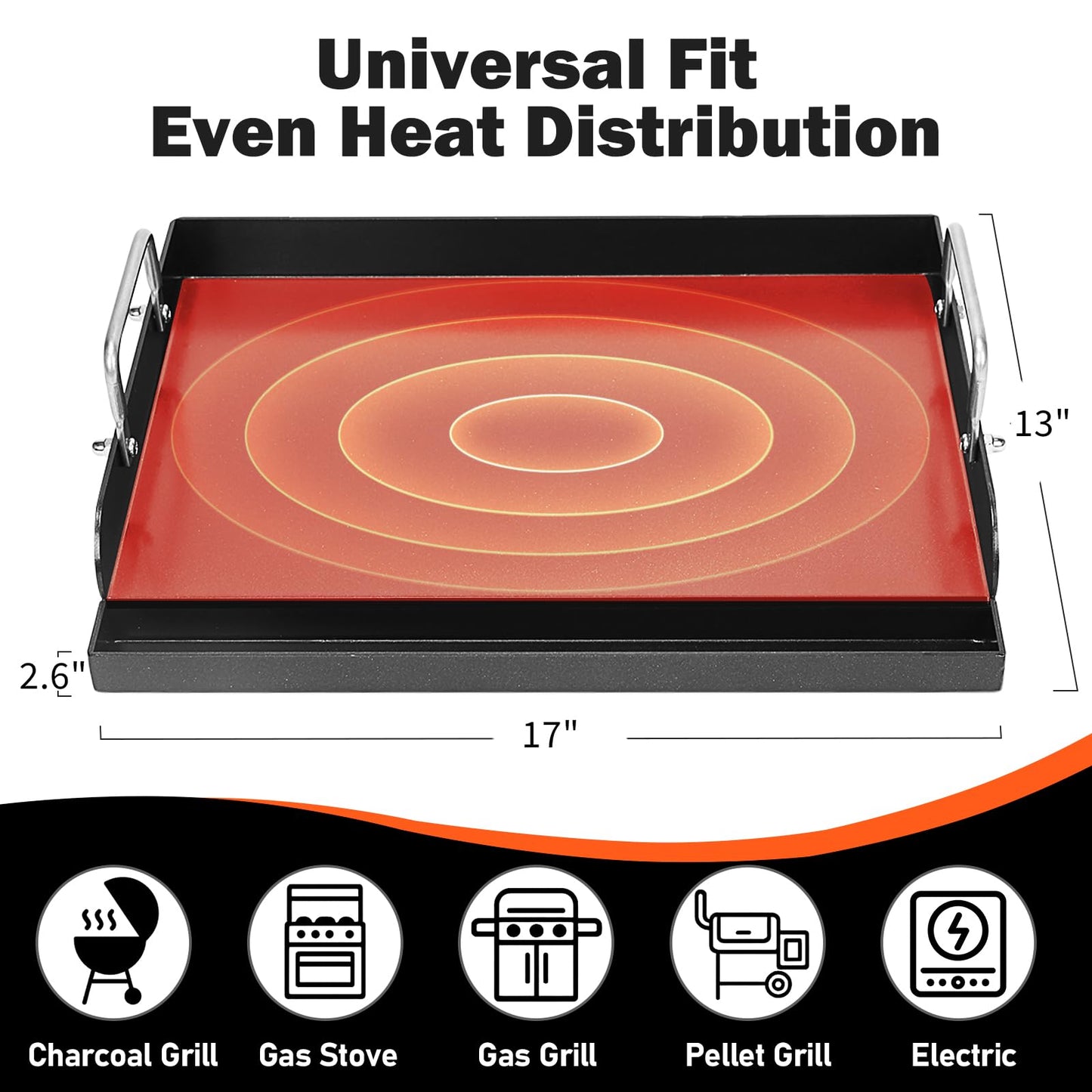 Nonstick Nanoceramic Griddle Plate, Pre-Seasoned Heavy-Duty Flat Top Insert, Universal Outdoor Cooking Griddle for Gas Grill/Charcoal/Gas Stove, Camping, Tailgating, Parties & Backyard BBQ, 17"x13"