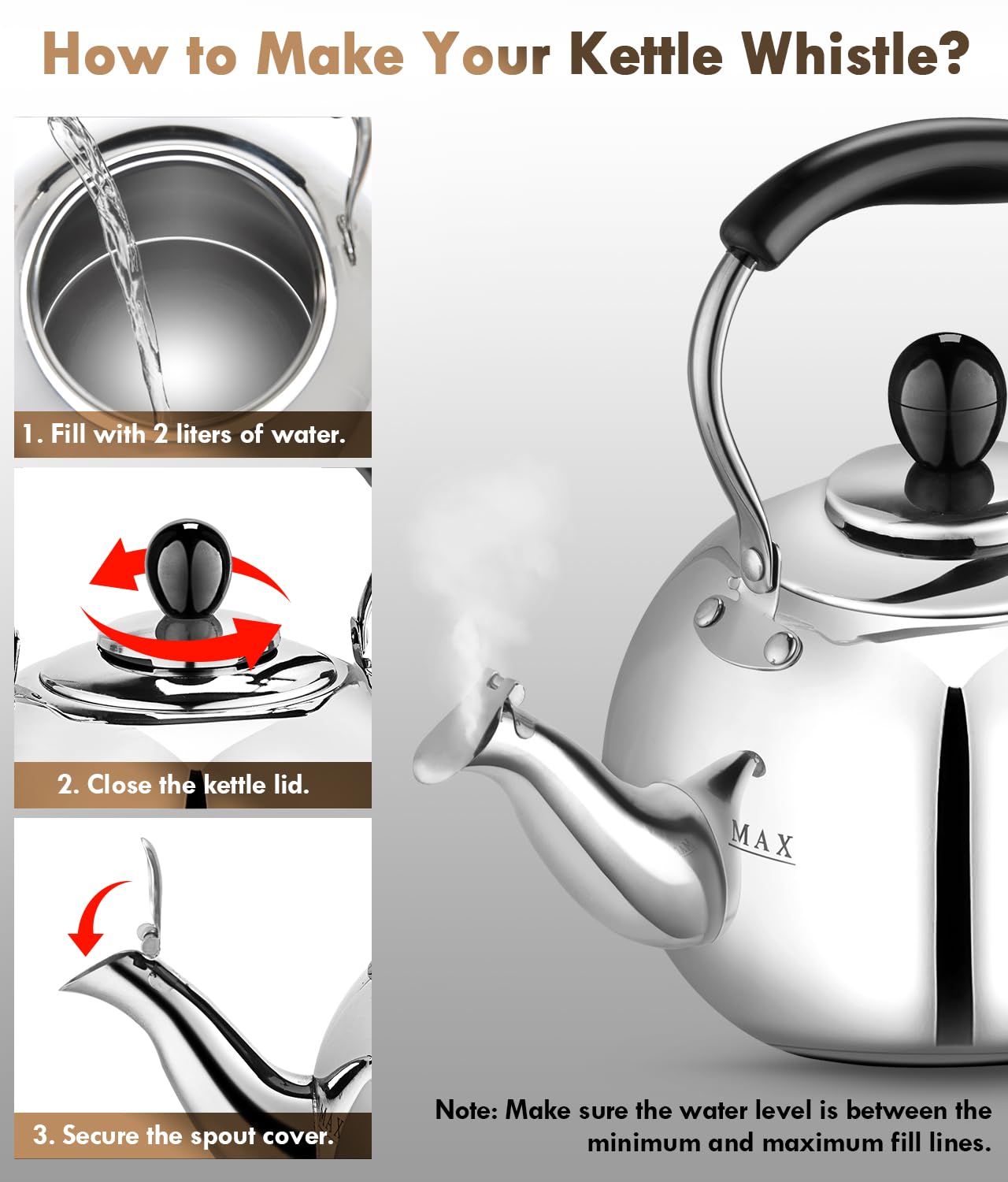 Stovetop Tea Kettle with Whistle - 2.0 Quart 18/8 Stainless Steel Tea Pot for Gas Stove & Electric Coil Stovetop, Food-Safe, Easy-Pour Spout, Mirror Polished Classic Water Kettle