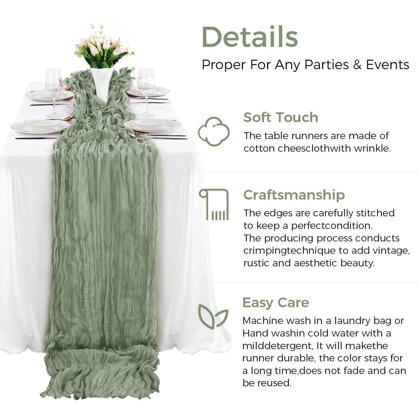 6 Pack Cheesecloth Table Runner 10Ft Boho Gauze Long Rustic Sheer for Wedding, Bridal Baby Shower, Birthday Party, Cake Table, Arbor Decorations (Sage Green)