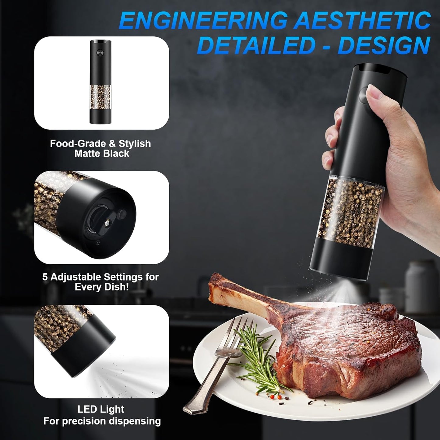 Skiennix Electric Pepper & Salt Grinder - Adjustable Coarseness, LED Light, One-Handed Operation | Black