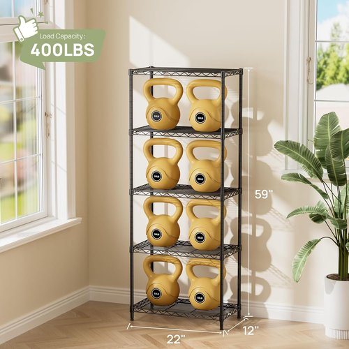 Golpart Heavy-Duty 5-Tier Adjustable Storage Shelves - 500LBS Capacity Wire Organizer Rack | Black 12" D x 22" W x 59" H