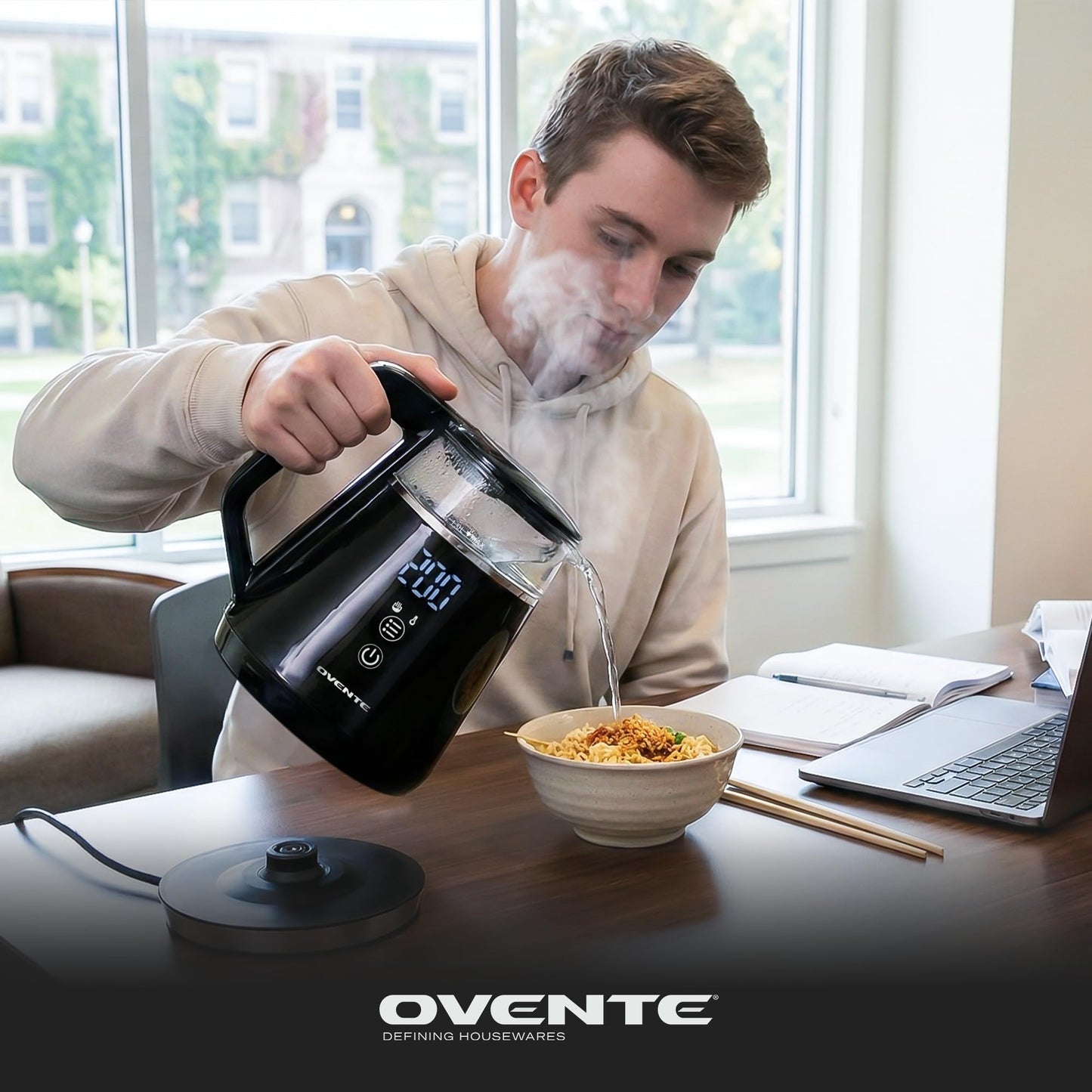 OVENTE 1L Small Electric Kettle with 5 Temperature Preset, Digital Display, 5Hr Keep Warm, Auto Shut-Off, Double-Wall Cool Touch Exterior, Borosilicate Glass,1500W BPA Free Water Boiler, Black KD95B