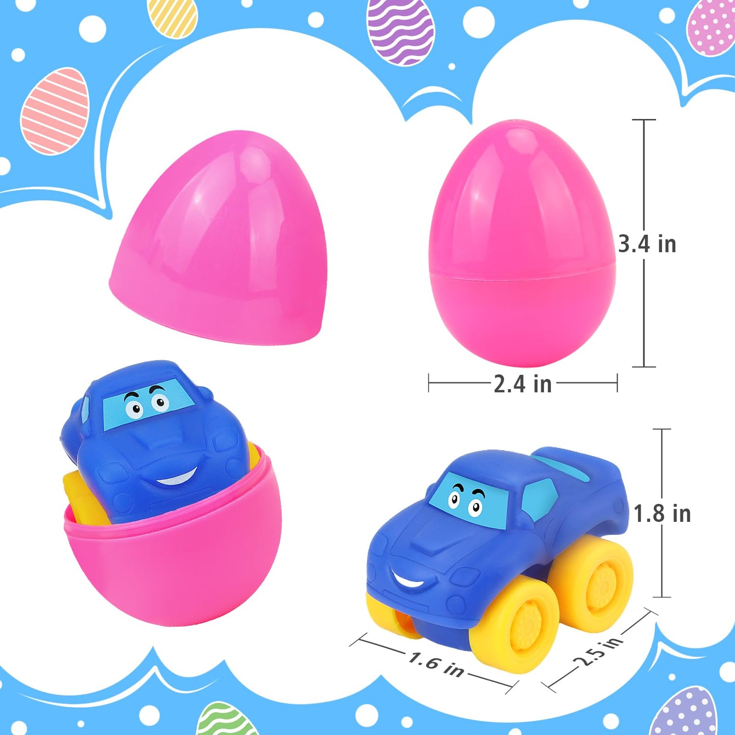 Prefilled Easter Eggs with Toy Cars: 12Pcs Filled Easter Eggs with Soft Rubber Car Toys, Easter Basket Stuffers for Baby Toddlers Kids Bath Toys Vehicles, Easter Eggs Fillers Hunts Party Favors Gifts