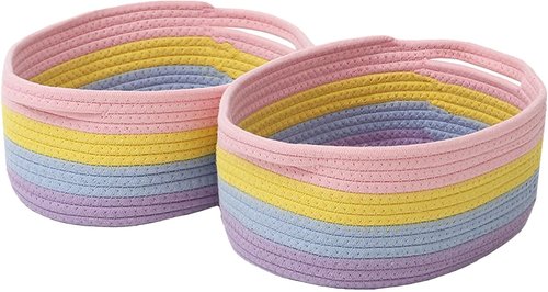 JMvicyroam Woven Basket - Small Rope Storage Bin with Handles for Organizing Shelves | 2-Pack Rainbow Design