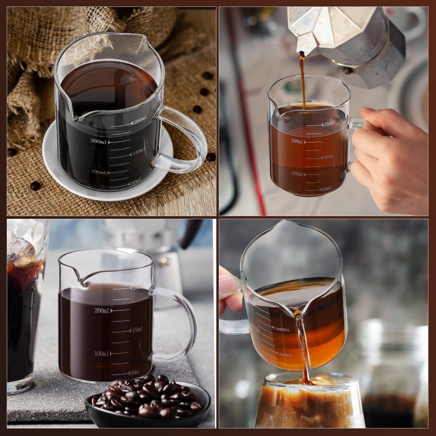 Patelai 2 Pcs 8oz Espresso Cups, Glass Measuring Cups with Double Spouts & Handle, Milk Frothed Cup Coffee Bars Accessories for Machine, Scale Glass Jars for Coffee, Water, Yogurt, Juice, Oil, 250ml