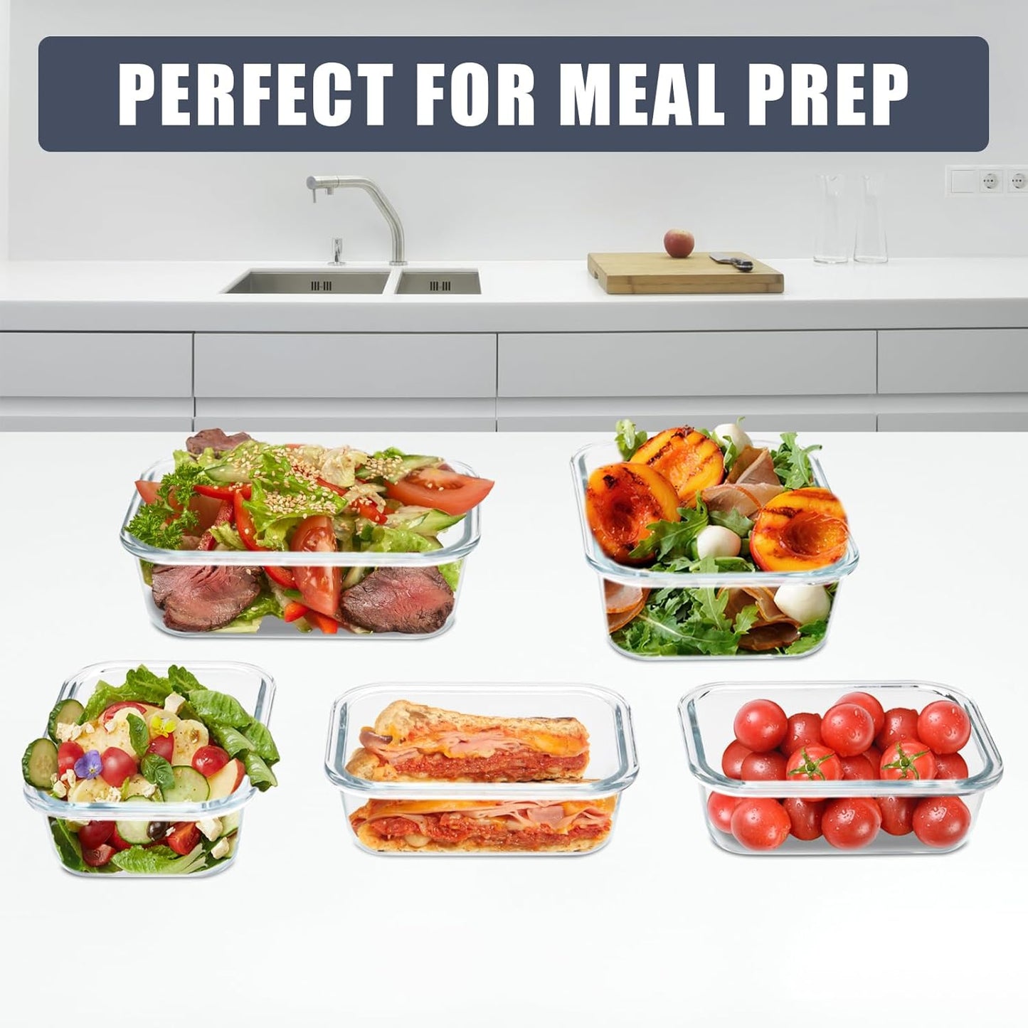 Skiennix Glass Food Storage Containers - 6 Pack Airtight Meal Prep Containers, BPA Free (Grey)