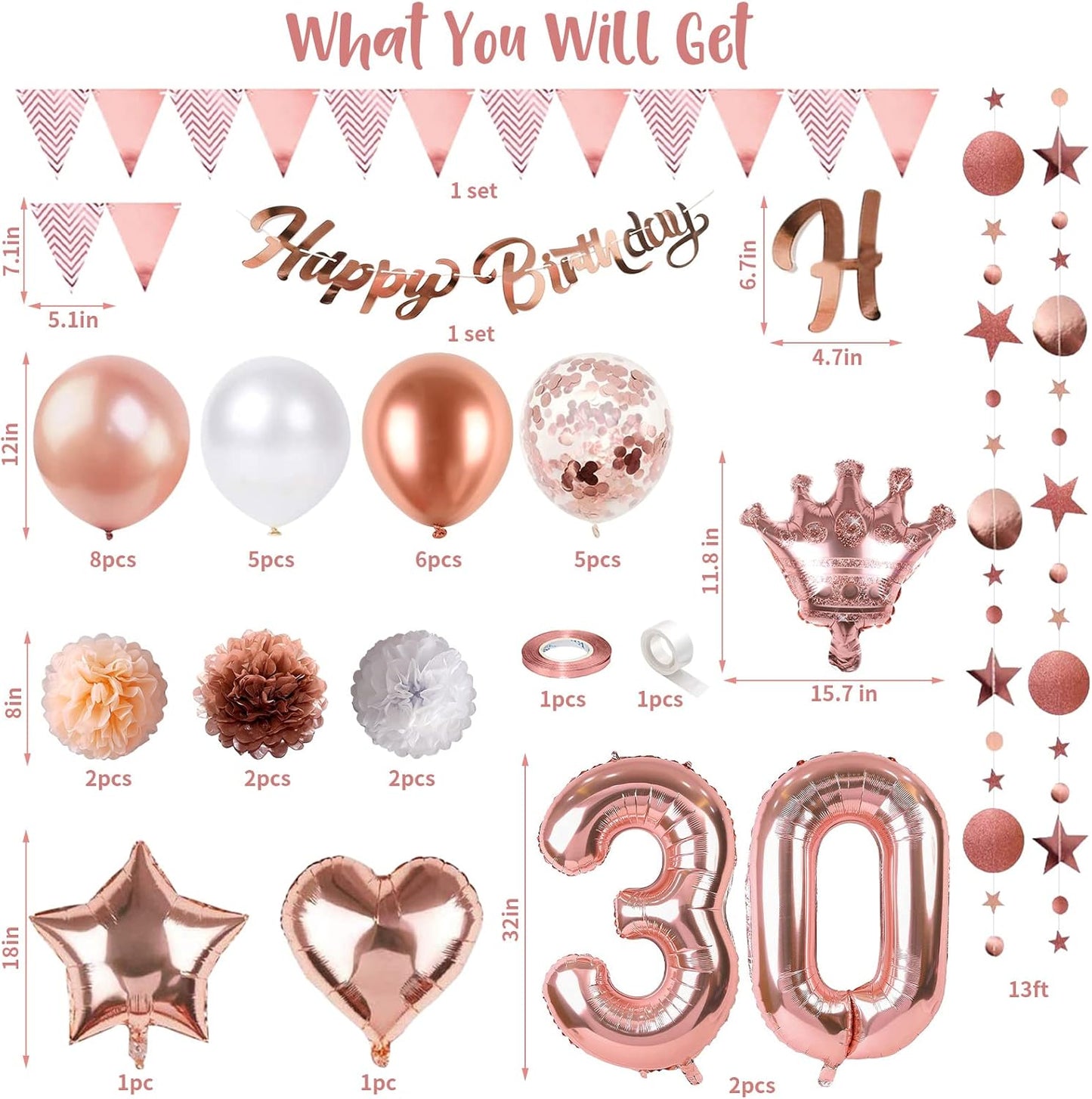 Regine Switzerland 30th Birthday Decorations - Rose Gold Foil Balloons & Banner | Perfect for 30-Year-Old Party
