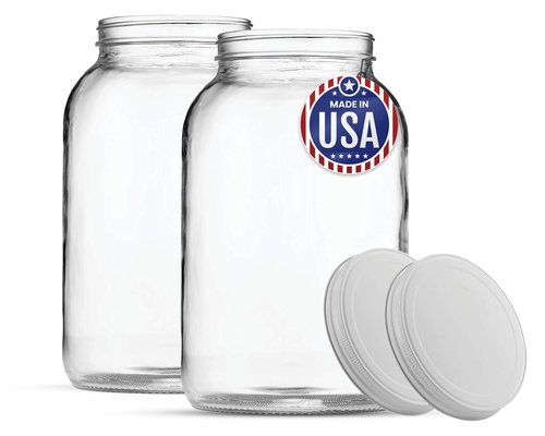FastRack - 1 Gallon Jar with White METAL Airtight Lid (Pack of 2) | Glass Canisters with Airtight Lids | Large Glass Jar with Fermentation Lid for brewing, fermentation and pickling