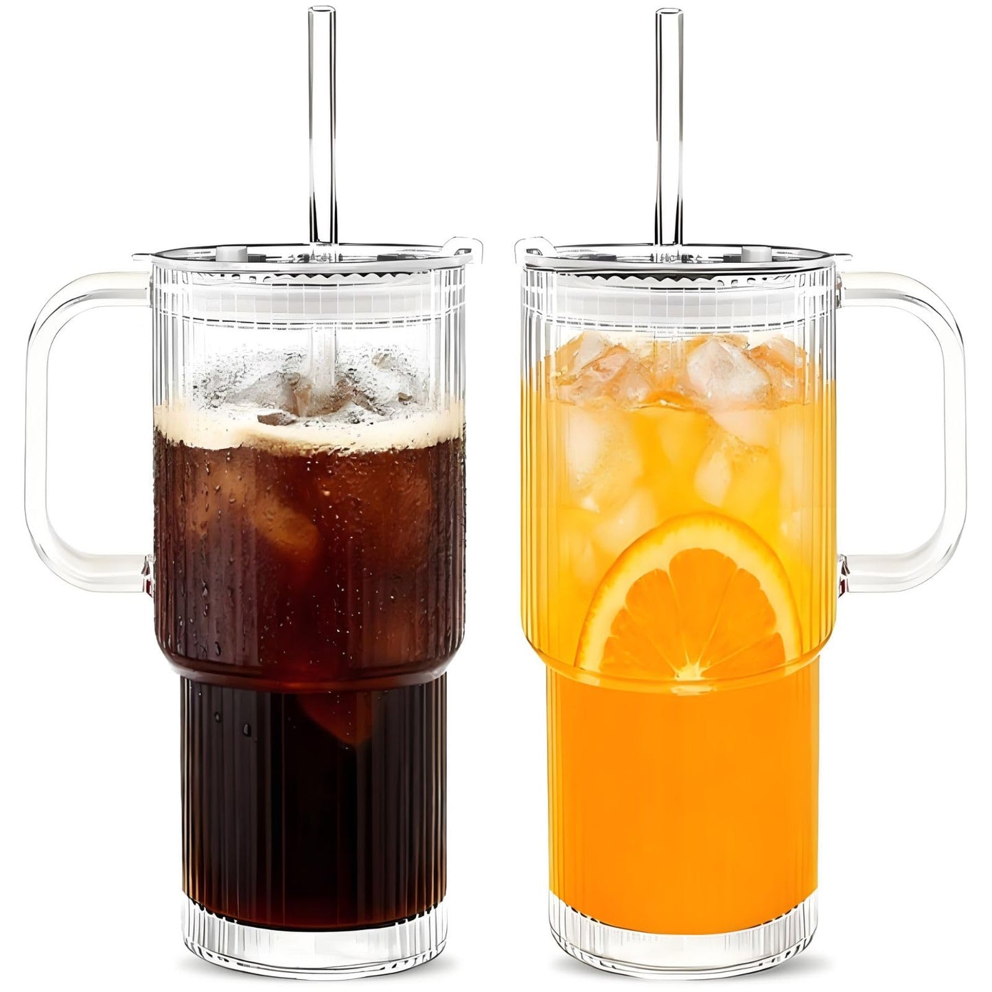 Snextek 18oz Glass Tumbler with Handle, Glass Lid & Straw, 2-Piece Set, Thickened Glass Cups for Iced Coffee, Smoothies, Cocktails, Home Office Travel (Ribbed)