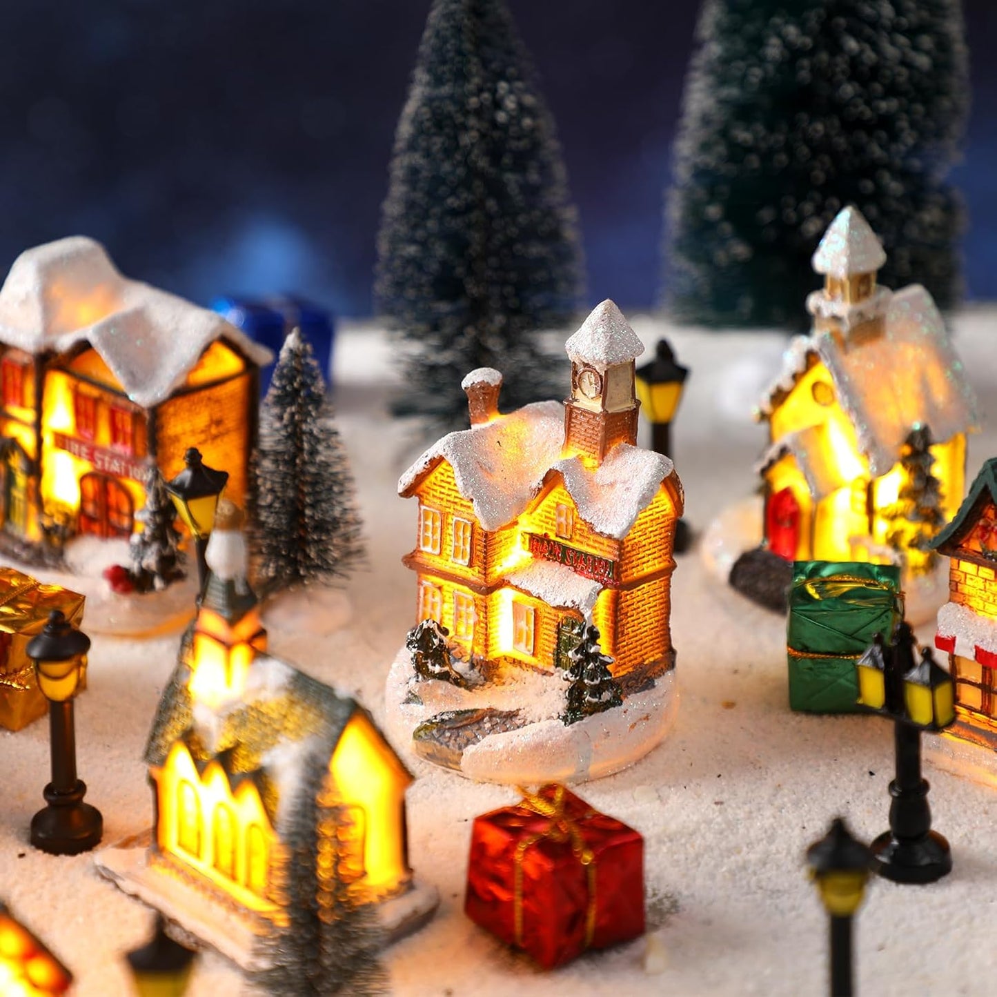 Shappy Christmas Village Houses Set - 48 Pcs with 10 Light-Up Buildings, Mini Trees & LED Lights
