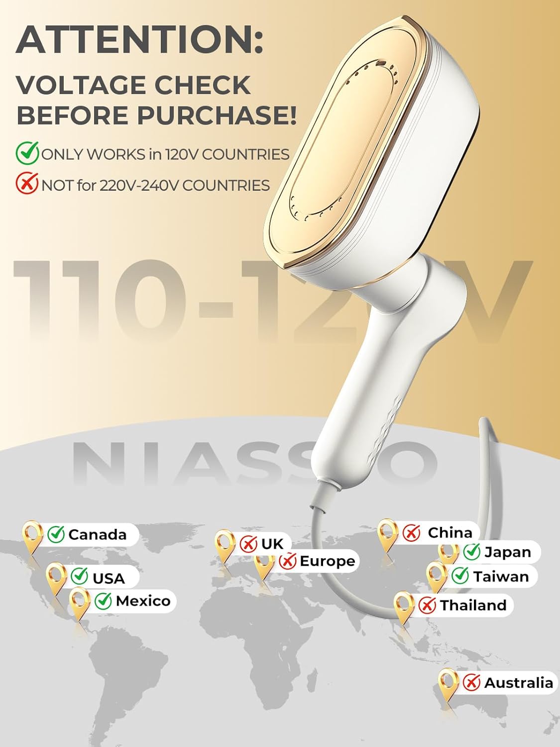 NIASSO Portable Travel Steamer - 1200W Handheld Fabric Steamer with LCD Display | 4 Modes & 150ml Tank