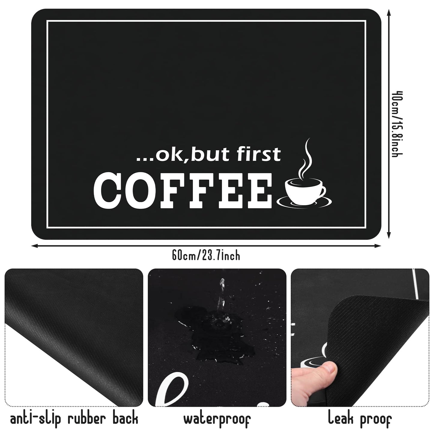 Queekay Coffee Bar Mat for Counter 24" x 16" Absorbent Dish Drying Mat for Kitchen Coffee Bar Accessories Hide Stain Rubber Backed Black Counter for Machine(Classic Style,Black)