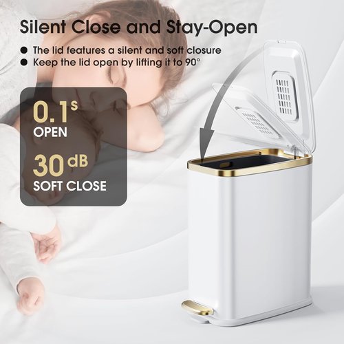 CEROELDA Stainless Steel Small Bathroom Trash Can with Lid - Soft Close 5L/1.3 Gal | Slim Design for Office, Bedroom, and More - White