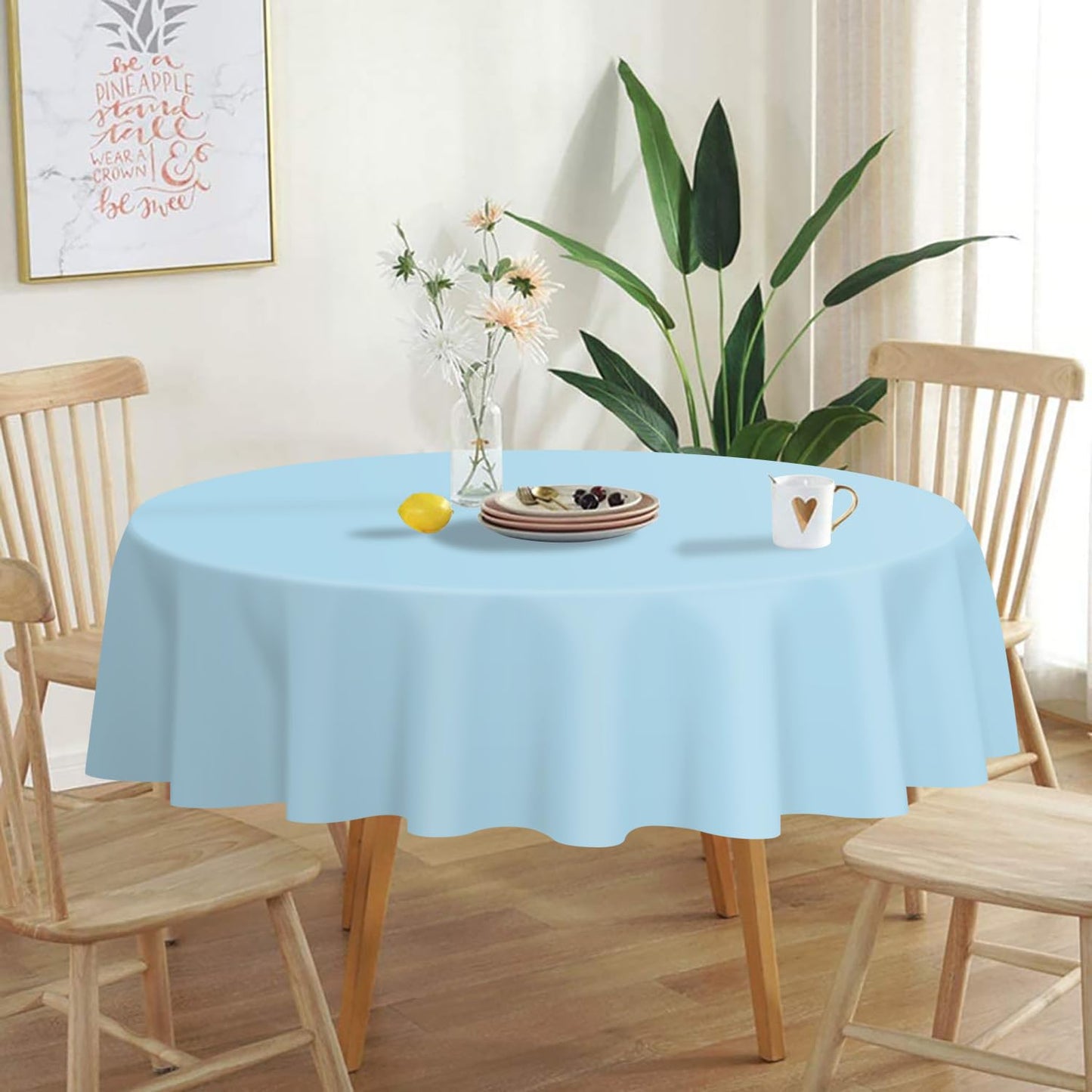 QIKSION Light Blue Round Tablecloth 2 Pack, 84 Inch Plastic Table Cover Disposable for Parties