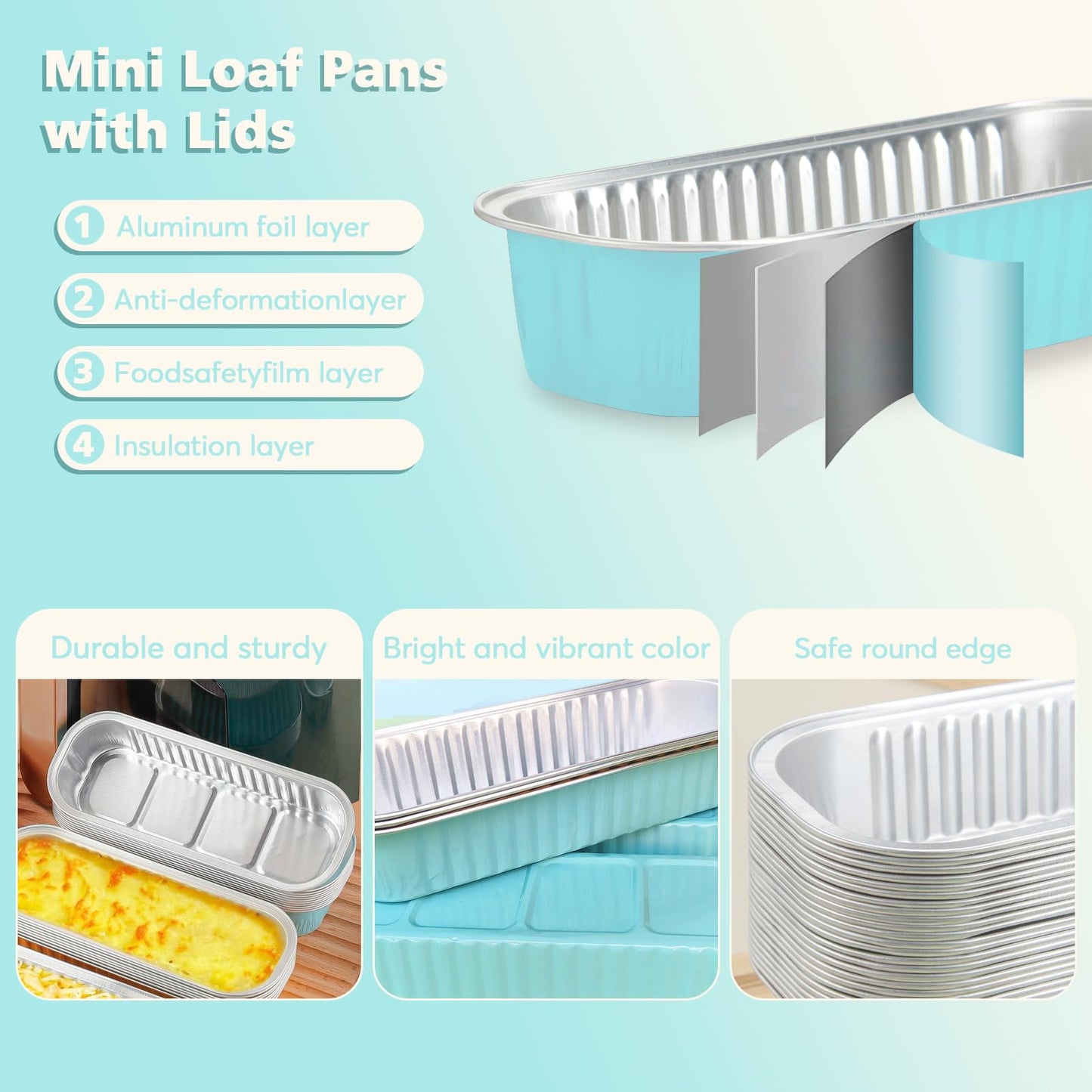 Ruckae 100 Pack Mini Loaf Pans with Lids and Spoons Disposable Aluminum Tin Foil Pans Rectangle Mini Loaf Cake Pan for Baking,Party,Picnics,Gifts Light Blue