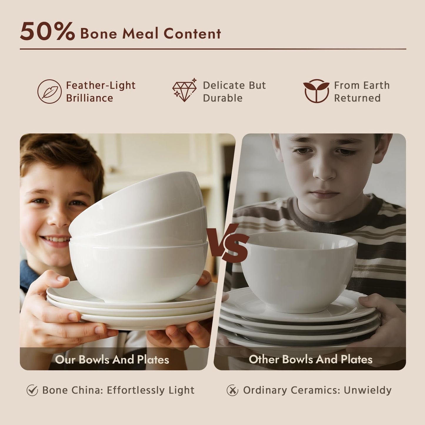 KINGSTONE 12-Piece Bone China Dinnerware Set for 4, Lightweight Porcelain Round Plates and Bowls Set, Durable Scratch Resistant Ceramic Dinner Set, Microwave & Dishwasher Safe, Ivory White