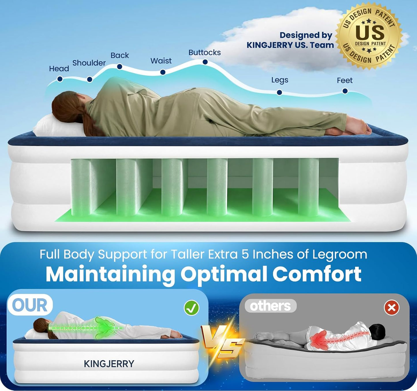 KINGJERRY Queen Air Mattress - Built-In Pump, 18" Raised Comfort, Leakproof Design | 800 lbs Capacity, Fast Inflation
