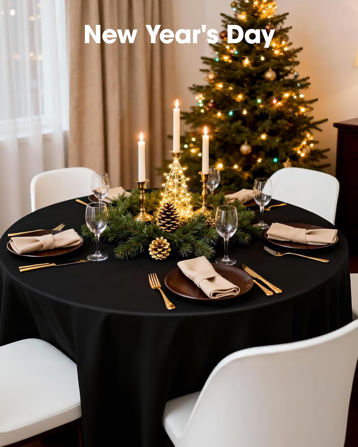 Pureegg Disposable Plastic Table Cloths - 84'' Round, Leakproof & Sturdy | Graduation Party Decor, Black, 8 Pack