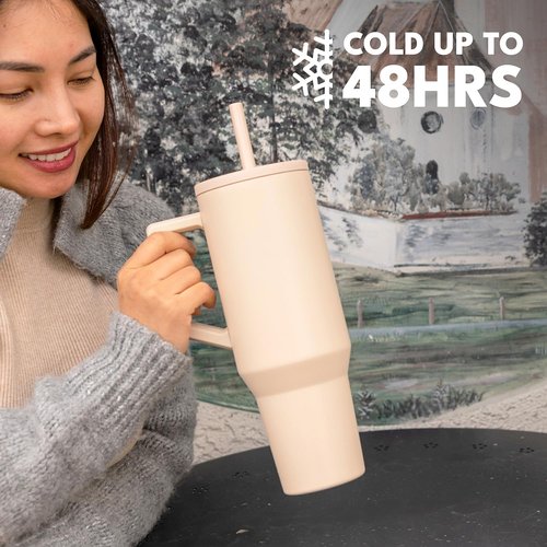 Elemental 40 oz Tumbler with Handle and Straw - Spill Proof Insulated Stainless Steel Commuter for Cold Beverages - Travel Coffee Mug with 2 Straws & Spill Proof Lid - 40oz - Beige
