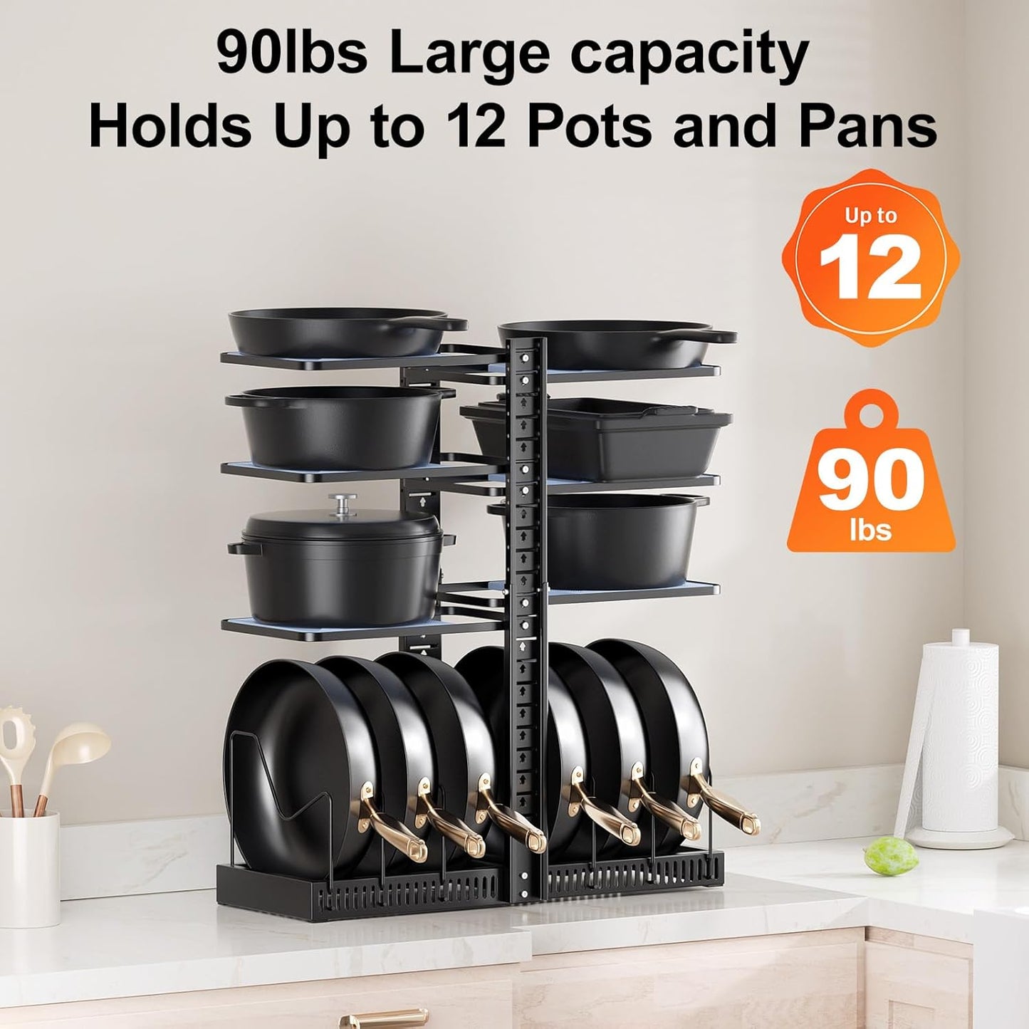 LAMU Pots and Pans Organizer - Expandable Under Cabinet Storage with 6 Adjustable Tiers | Holds 12 Cast Iron Cookware, Black