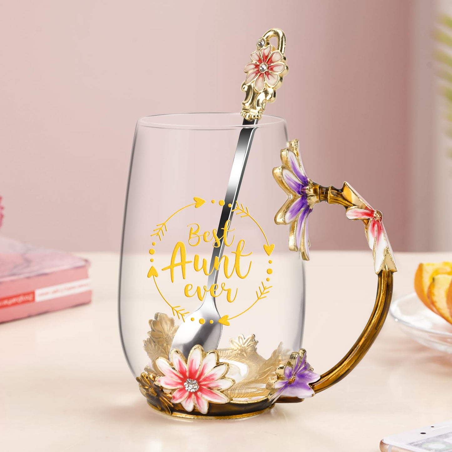 OEAGO Gifts for Aunt from Niece Nephew Tea Cup Cool Birthday Gift Enamel Flower Glass Mugs Christmas Mothers Day New Aunt Announcement Promoted