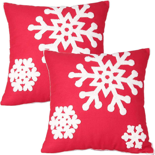 Christmas Snowflake Embroidered Throw Pillow Covers - 18x18 Cotton Linen, Set of 2