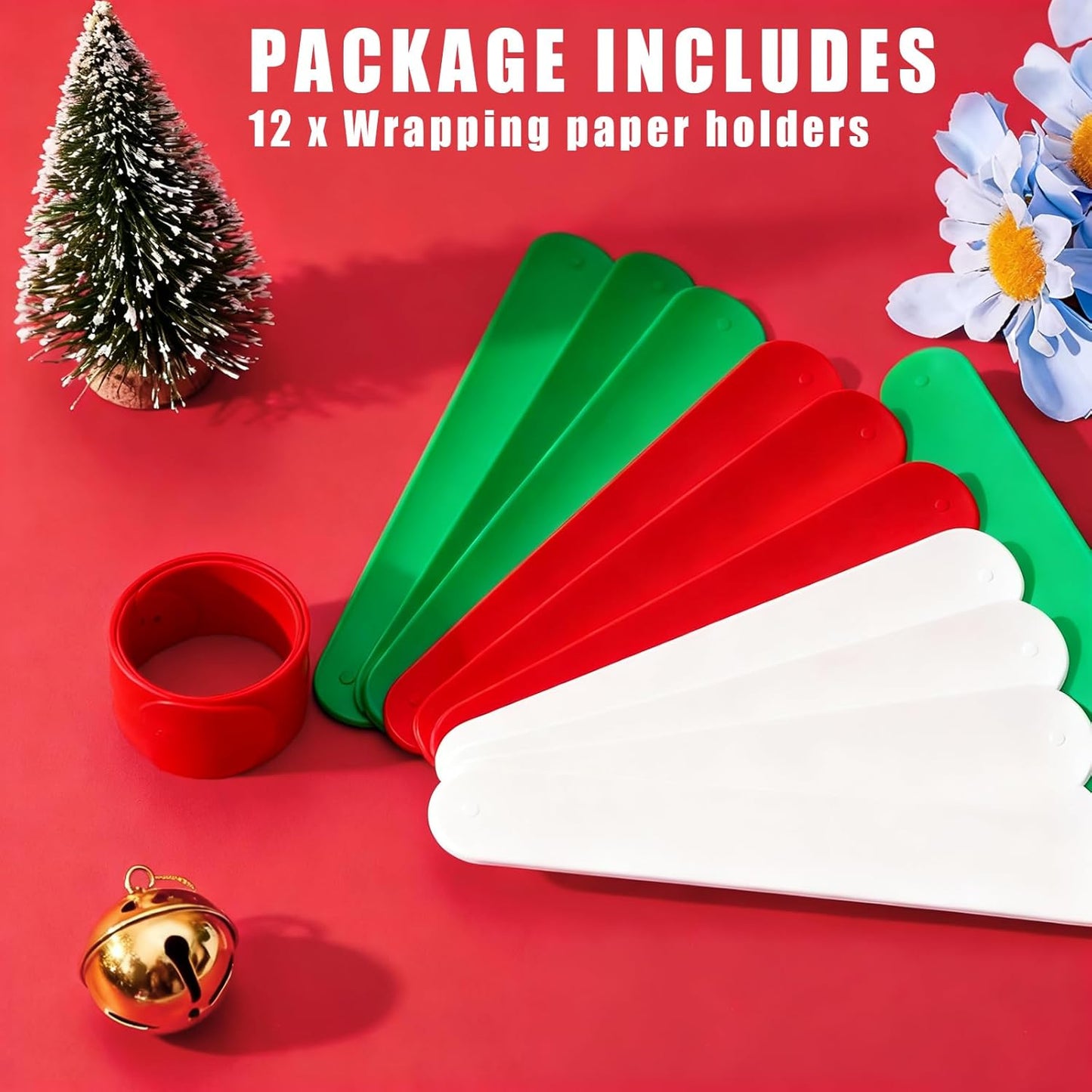 Skiennix Wrapping Paper Roll Holder - 12 Silicone-Covered Metal Strips for Easy Storage | 1'' X 9'' Clamps in White, Red, Green