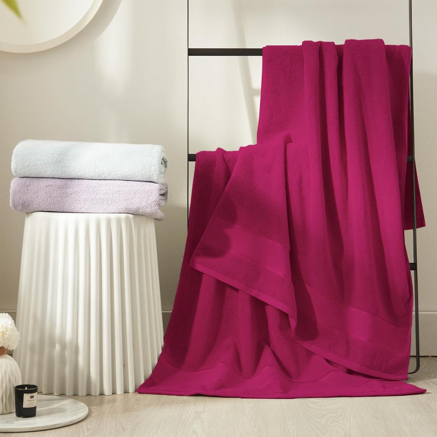 Marvione Bath Towels Set - 100% Turkish Cotton, Highly Absorbent & Soft - 6 Pieces in Hot Pink