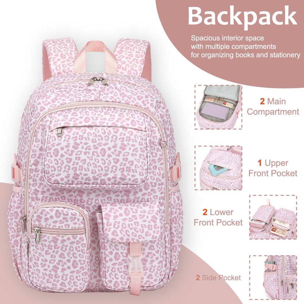 Lroiutian Girls Backpack Set for School Backpacks with Lunch Box Pencil Case 3 Piece Bookbags, Kids Elementary Teen Student Lightweight School Bag Set-Leopard Pink
