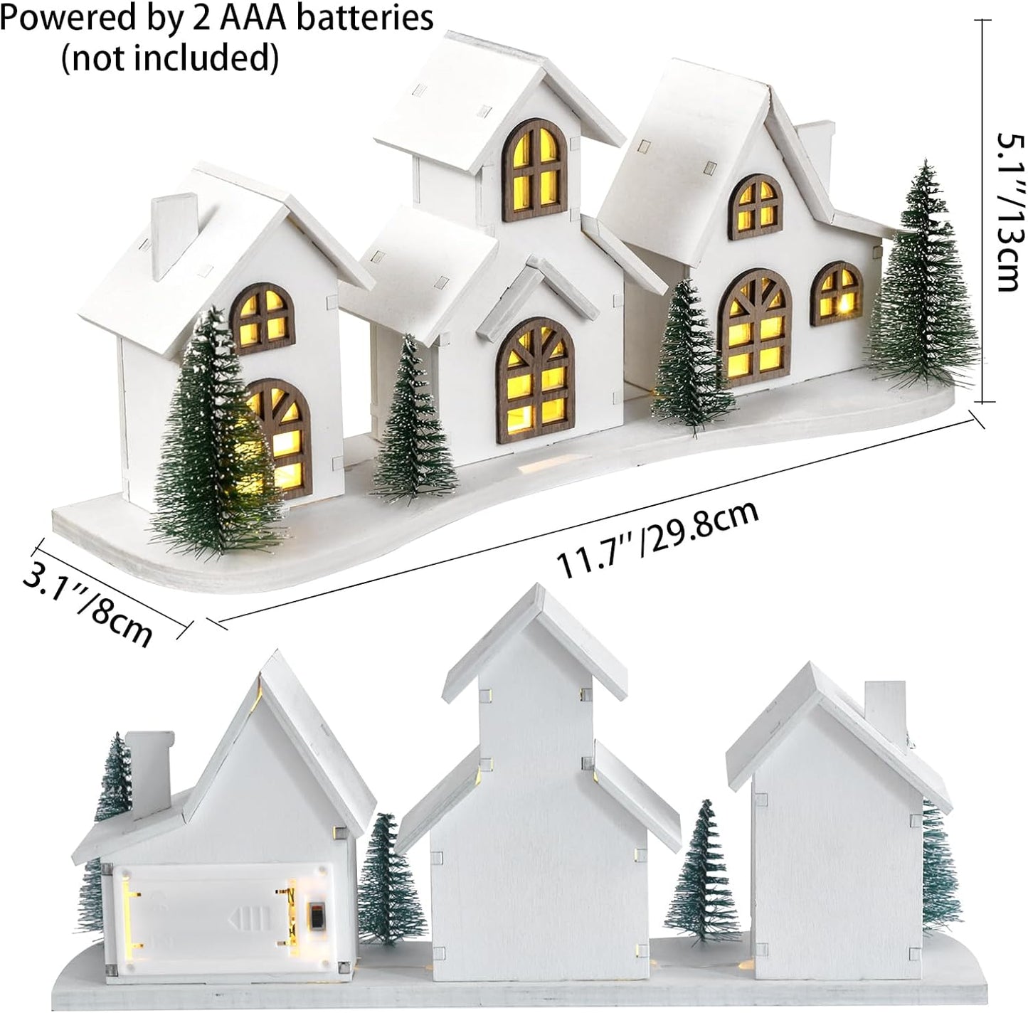 Skiennix White Christmas Village House Decoration - LED Lights & Wooden Centerpiece | Mini Winter Town Tabletop Decor