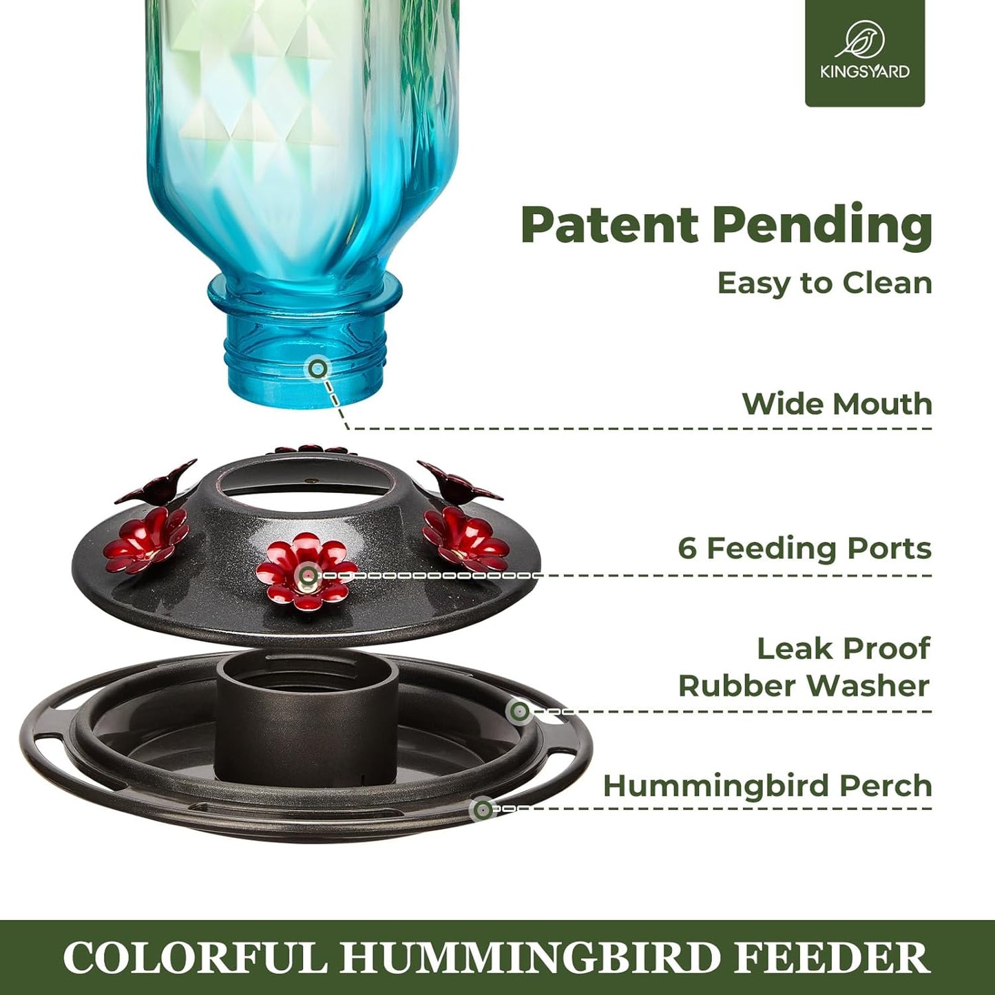 Kingsyard Hummingbird Feeder - 24 Ounce Outdoor Glass Nectar Feeder with 6 Ports & Ant Moat | Green & Blue
