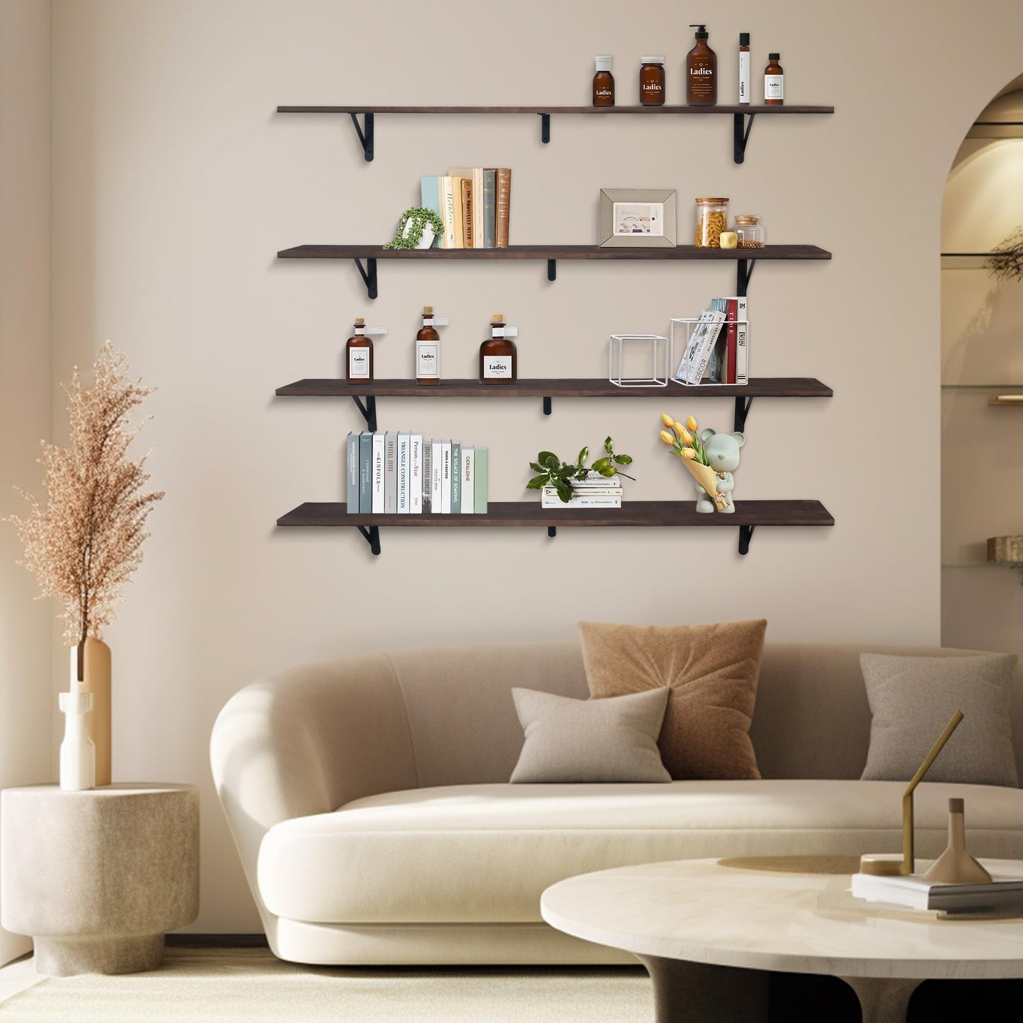 Huiyiaus Long Floating Shelves for Books,Wall Hanging Bookshelf Set of 4,Rustic Wall Mount Book Shelf Wood Extra Large for Livingroom Bedroom Kitchen Bathroom Home Office Decor,47 Inches(Dark Brown)