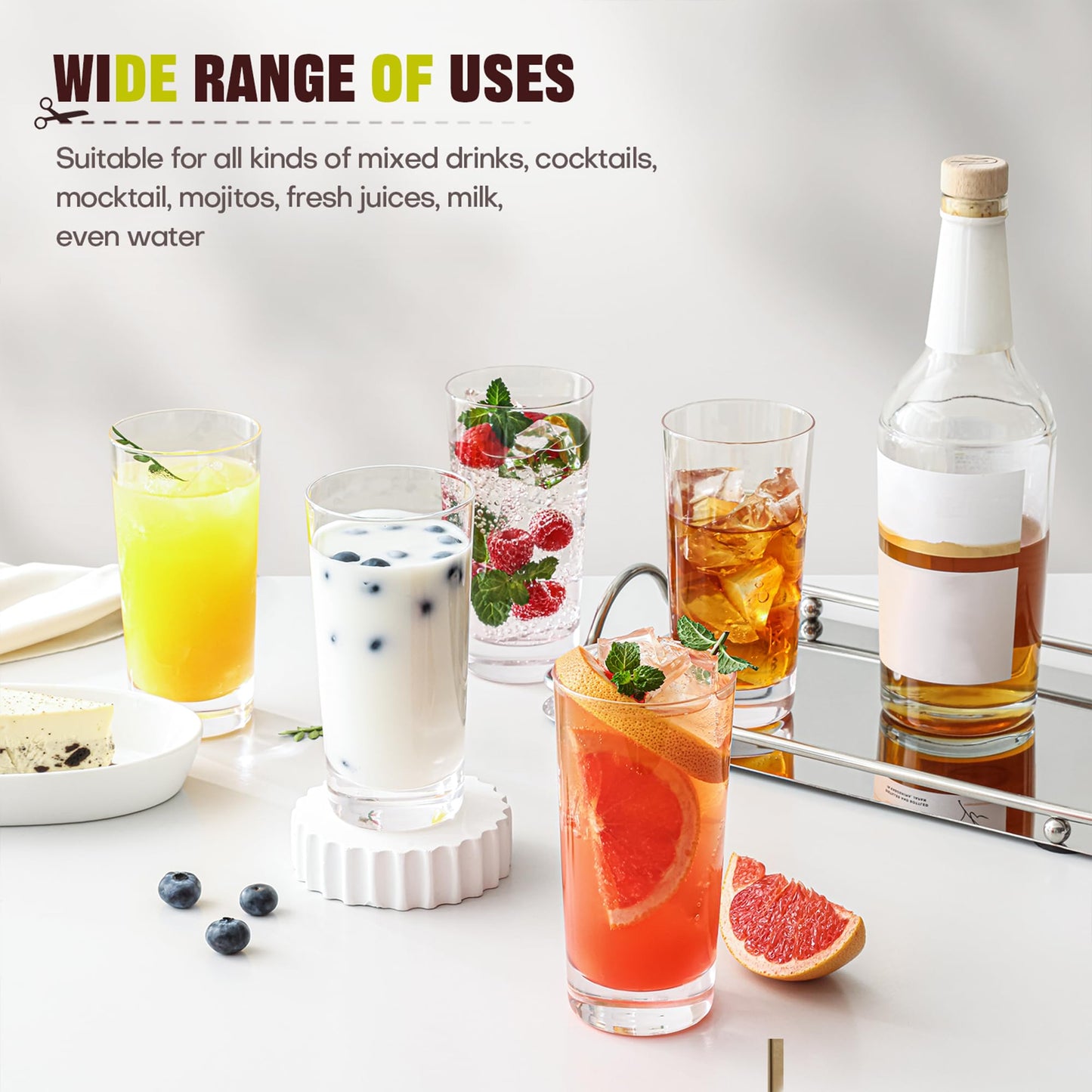 OUWO Highball Glasses Set of 6, 13oz Tall Drinking Glasses, Water Glass for Kitchen, Tom Collins Glasses, Mojito Glass Cups, Cocktail Glasses for Bar Glassware
