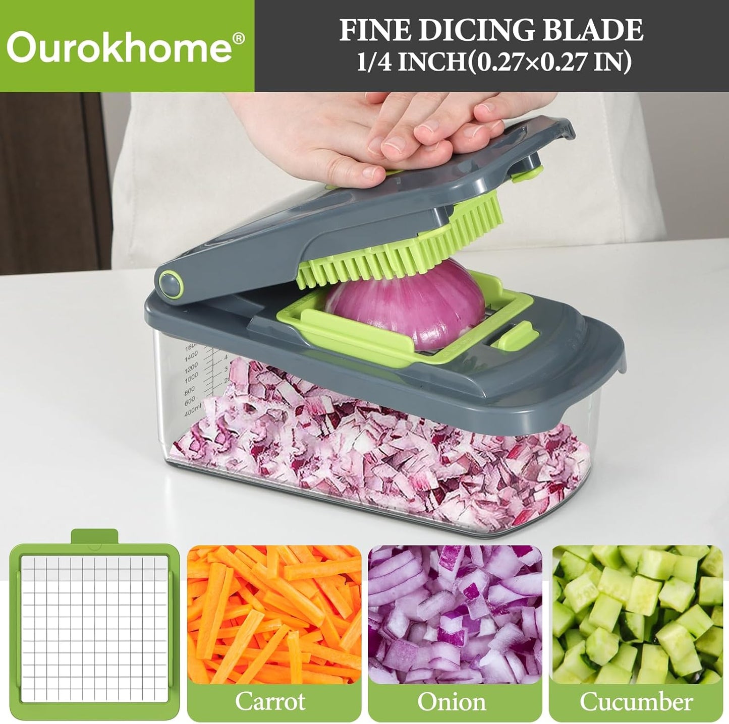 Ourokhome Vegetable Chopper - Manual Hand Dicer with 2 Blades for Potatoes, Onions & Carrots | 2-in-1 Gray Kitchen Gadget