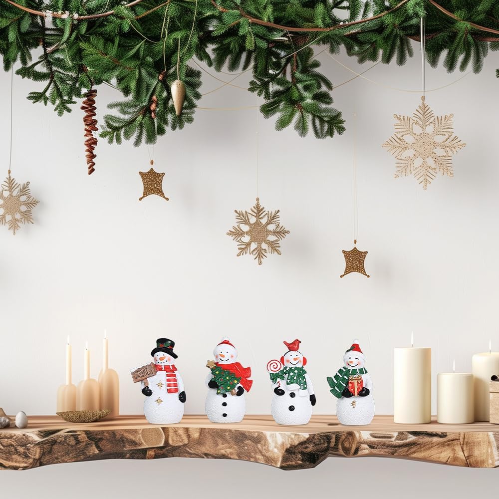 MEETYAMOR Christmas Snowman Ornaments - 4 PCS Rustic Resin Decor for Home & Table Display