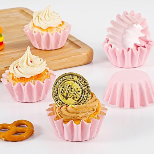 Caperci Pink Mini Cupcake Liners - 200 Count Heavy-Duty Grease-Resistant Baking Cups | Odorless & Easy Peel