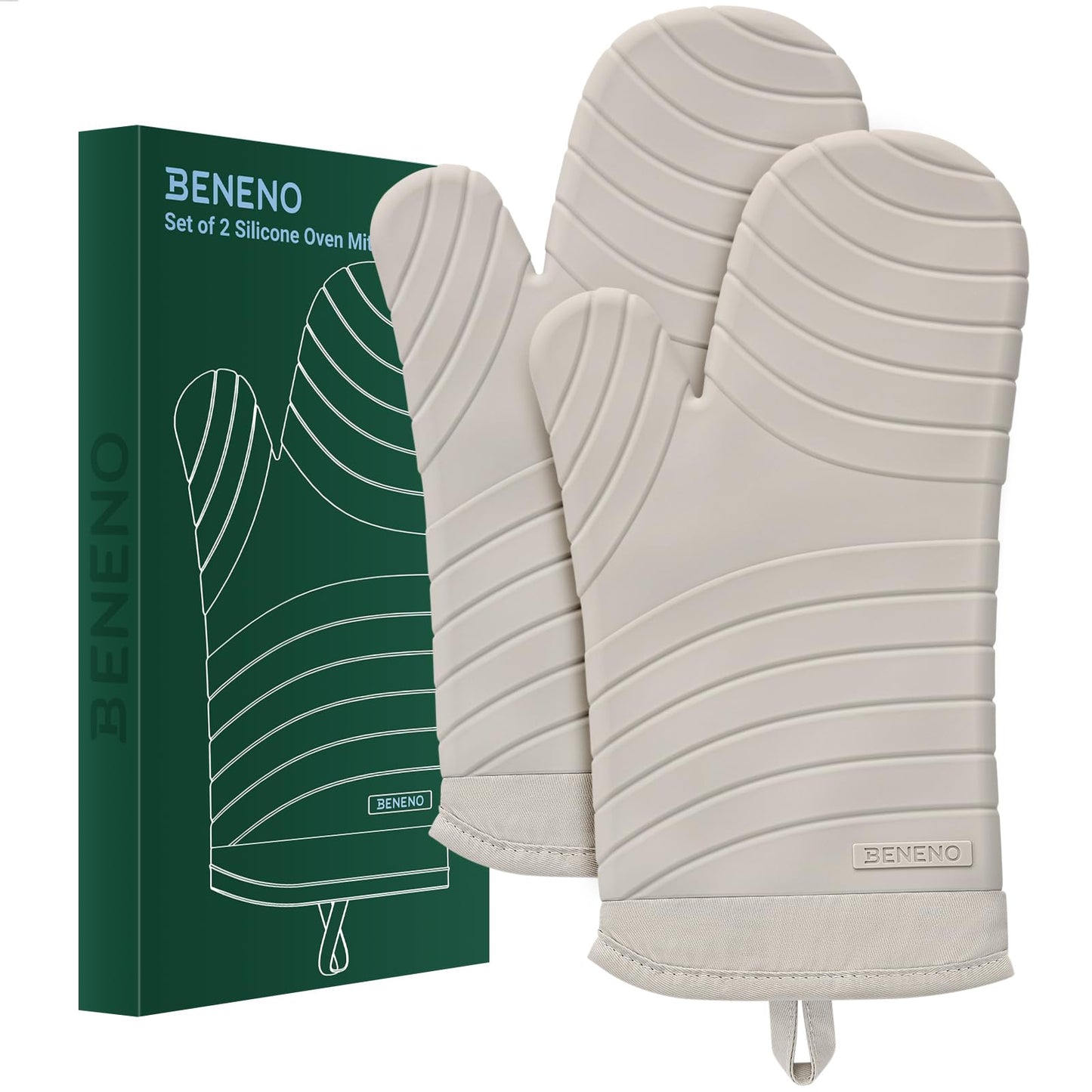 Beneno BPA-Free Silicone Oven Mitt 2-Pack Set, Heat Resistant 500°F Oven Mitts with Non-Slip Grip, Soft Thicker Lining, 7"x13", Beige