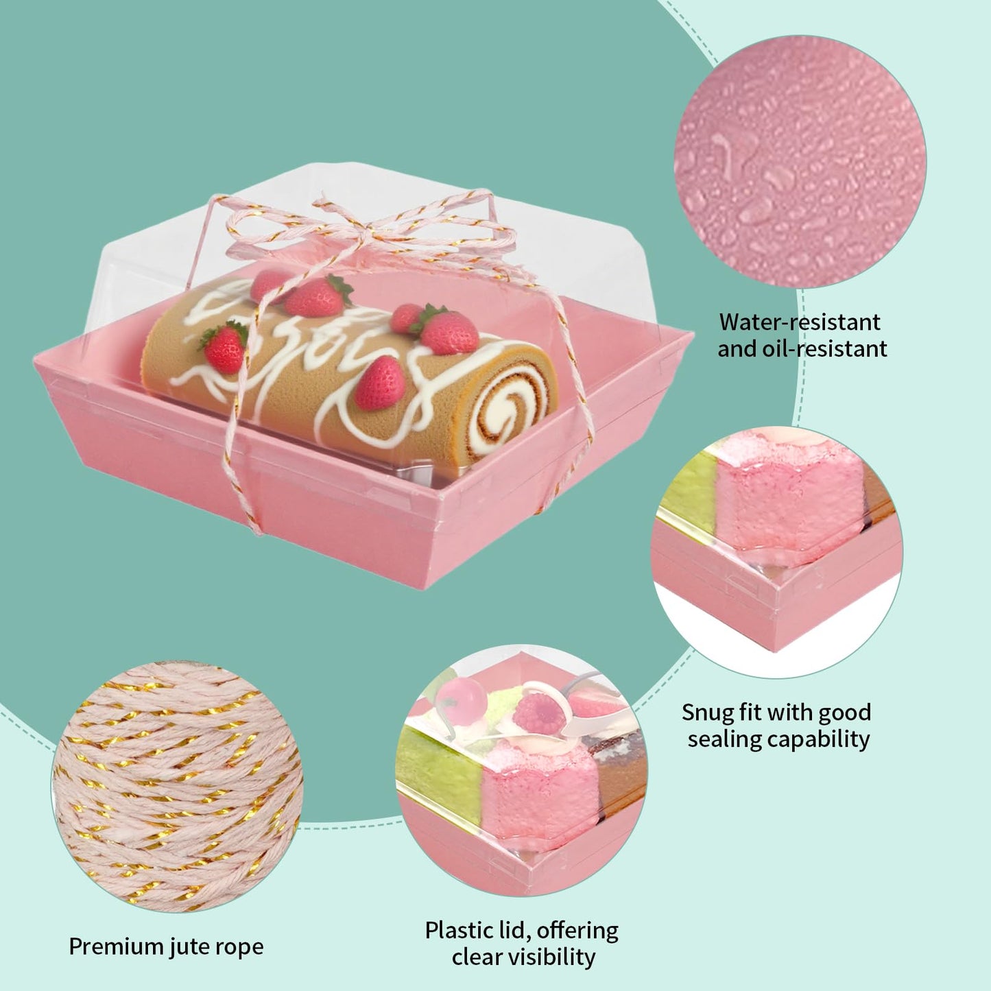 TANEMUDO 200 Pack Charcuterie Boxes with Clear Lids and Rope for 4 Inches Cake Boxes Disposable Square Dessert Food Containers for Bakery Cookies Strawberries Fruits Display (Pink)
