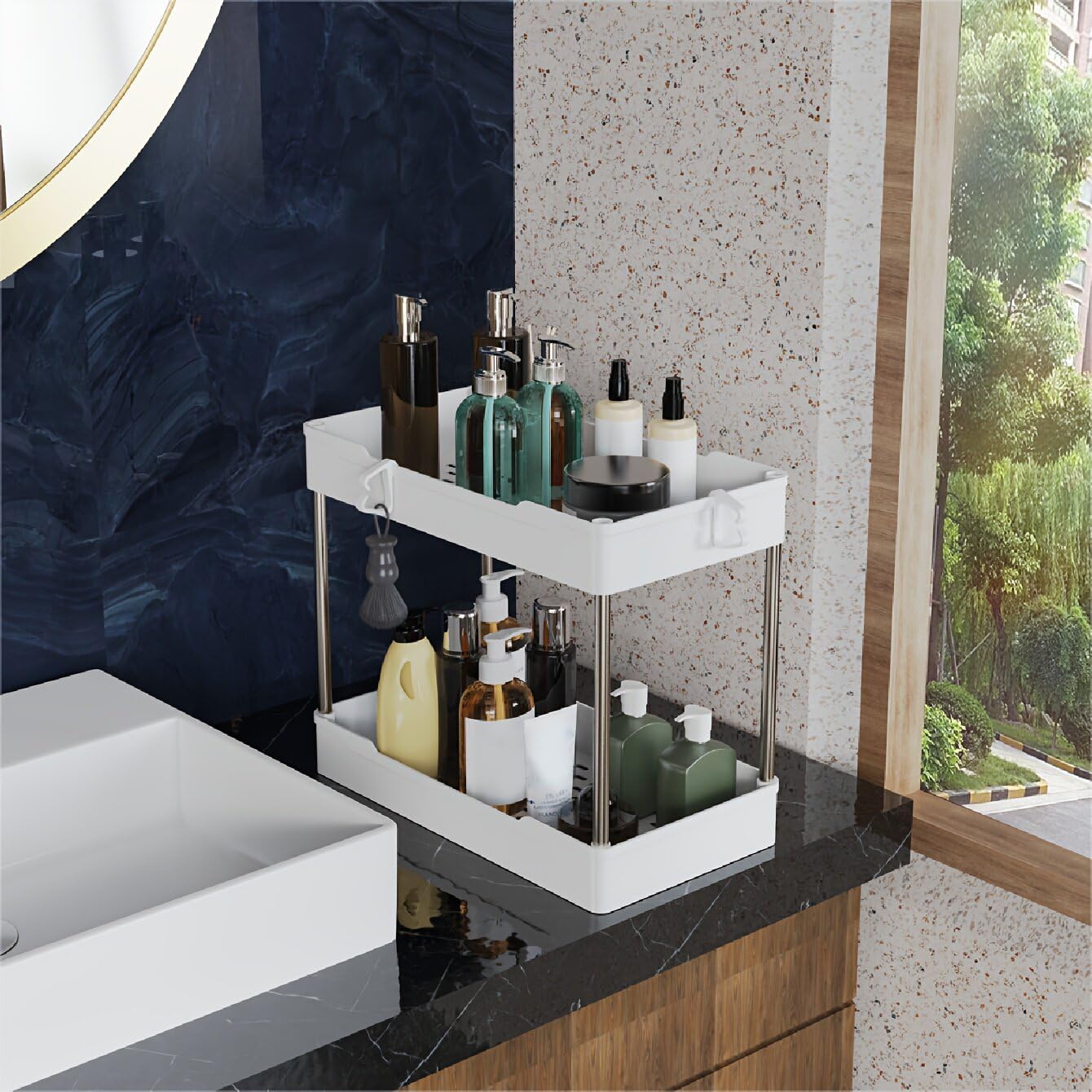 Skiennix 3 Pack Under Sink Organizers - 2 Tier Bathroom Cabinet Shelf with Hanging Cups | White