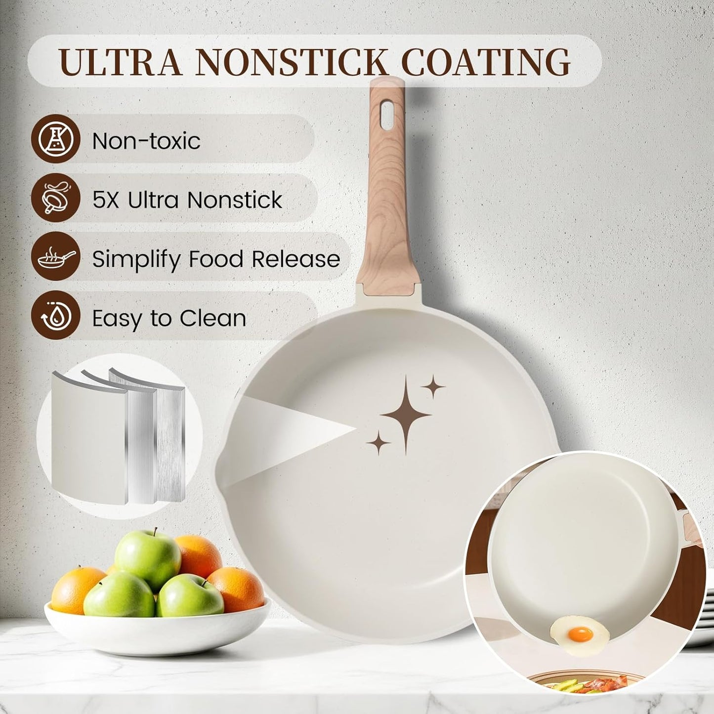 Kikcoin 16-Piece Non-Stick Ceramic Cookware Set - Induction-Ready Kitchen Pots & Pans, White