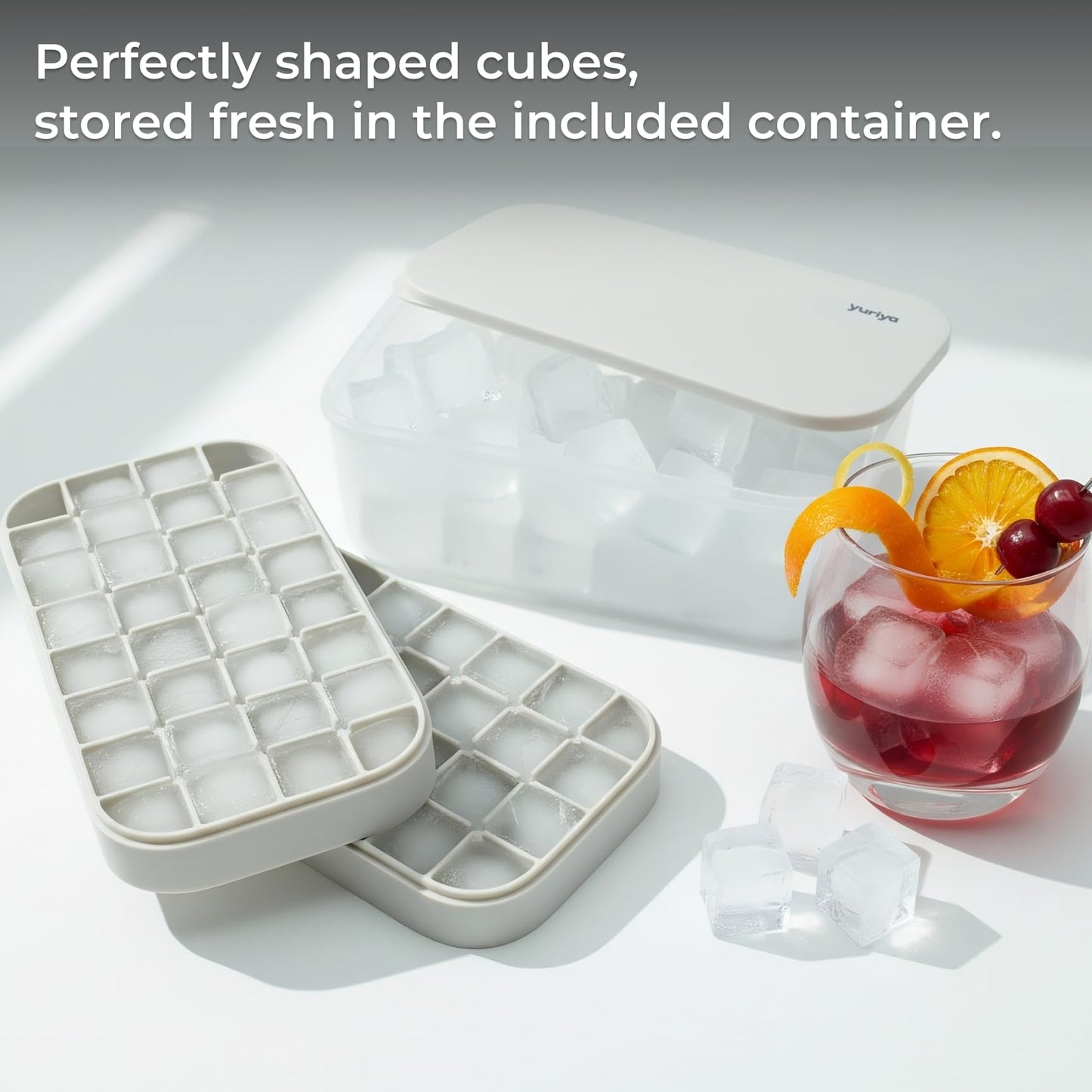 yuriya Ice Cube Tray Set with Lid & Bin, 2 Silicone Trays (32-Cube Each, 64 Total), Easy-Release, Stackable, Leak-Proof, Dishwasher Safe, Sand Beige