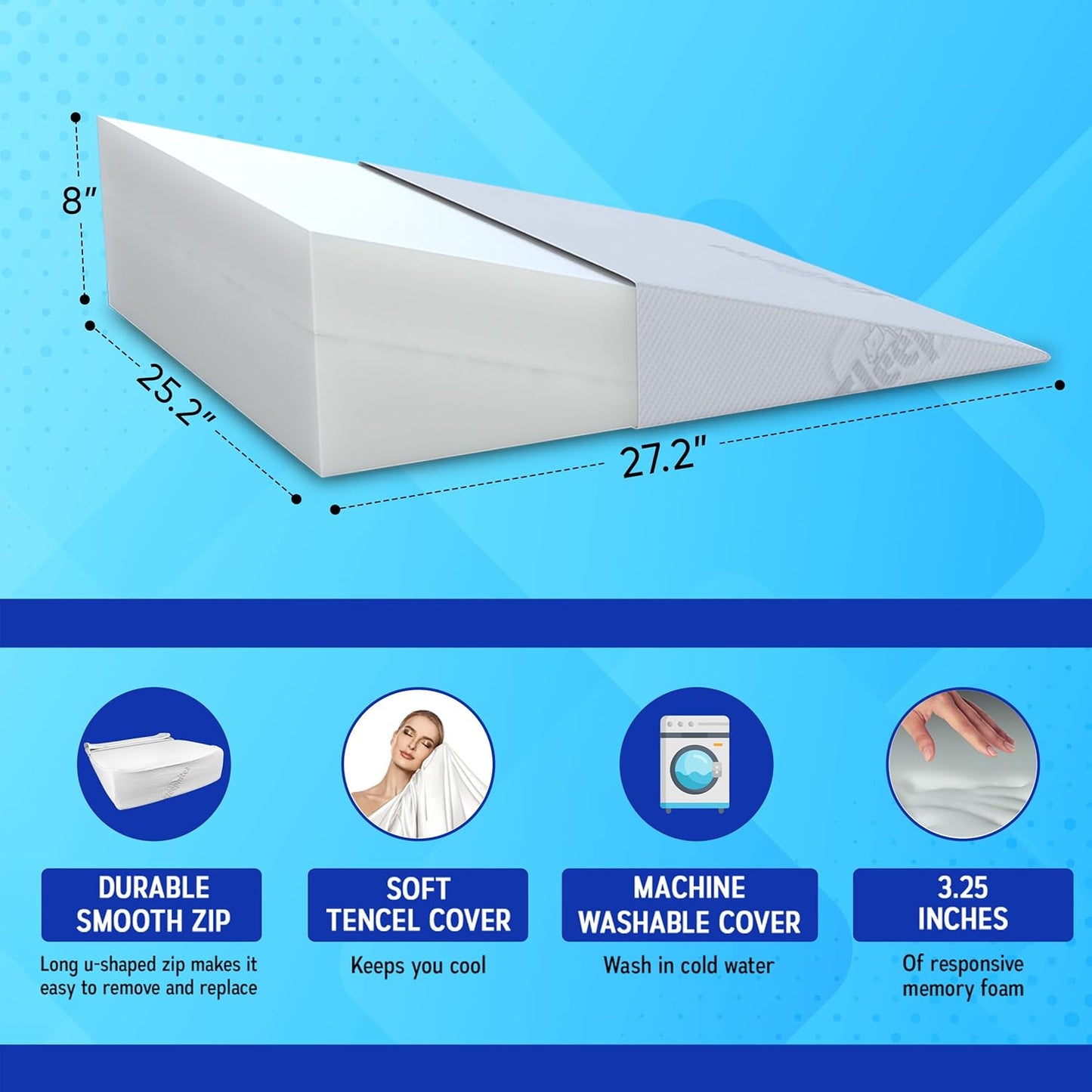 Sleepnitez Bed Wedge Pillow - Memory Foam for Acid Reflux, Snoring & Sleep Apnea | 8" Height, Luxurious Comfort