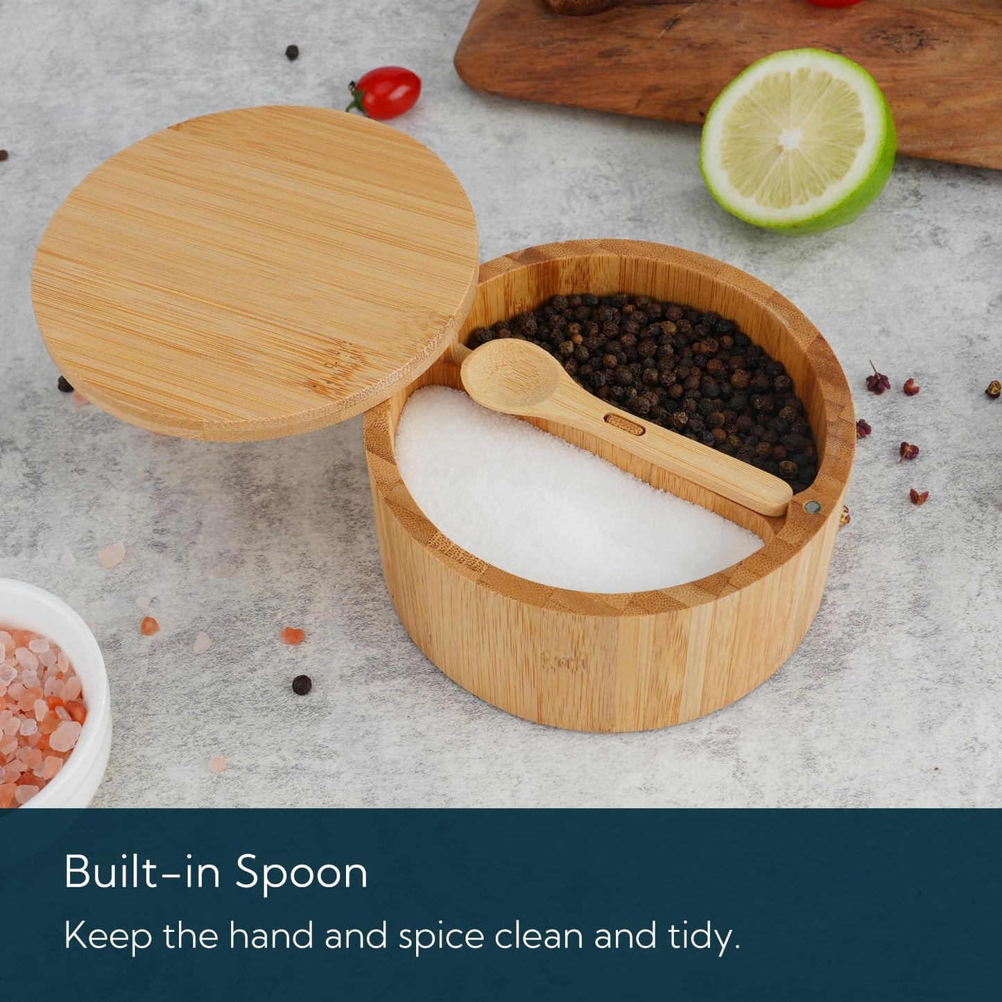 KITCHENDAO Bamboo Salt and Pepper Bowl Box Cellar Container Divided, Built-in Serving Spoon to Avoid Dust, Swivel Lid to Keep Dry, Sea Salt Spice Seasoning Keeper Holder, Dual 7 Ounce Capacity