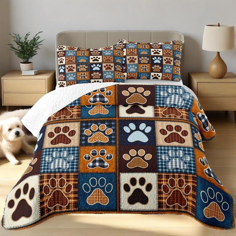 King Size Dog Paw Patchwork Quilt Set - Blue & Brown Microfiber Bedding, All Season, 3 Piece
