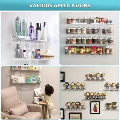 Albumgit 4 Pack Acrylic Wall Shelves - Self-Adhesive 15" Clear Floating Shelf for Organizing Decor