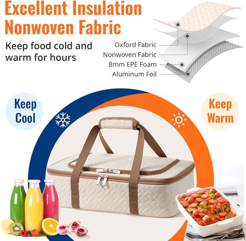 Insulated Casserole Carrier - Portable Hot/Cold Food Holder for Parties & Travel | Fits 9" x 13" Dish (Beige)