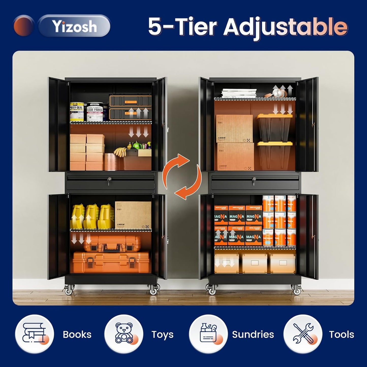 Yizosh Metal Garage Storage Cabinet - Locking Doors, Adjustable Shelves & Rolling Design | 73" Black