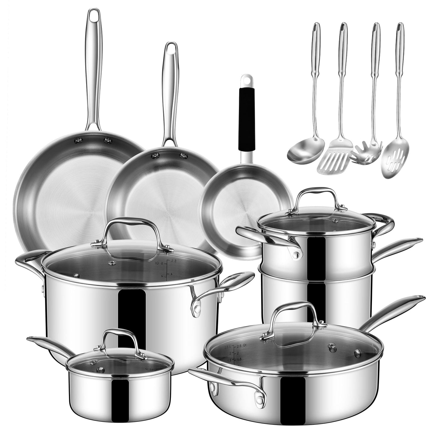 SuperCook Tri Ply Stainless Steel Cookware Set, 16-Piece Pots and Pans Set with Kitchen Utensils and Steamer, Non-Toxic, Multiclad, Induction Oven Compatible, Dishwasher Safe