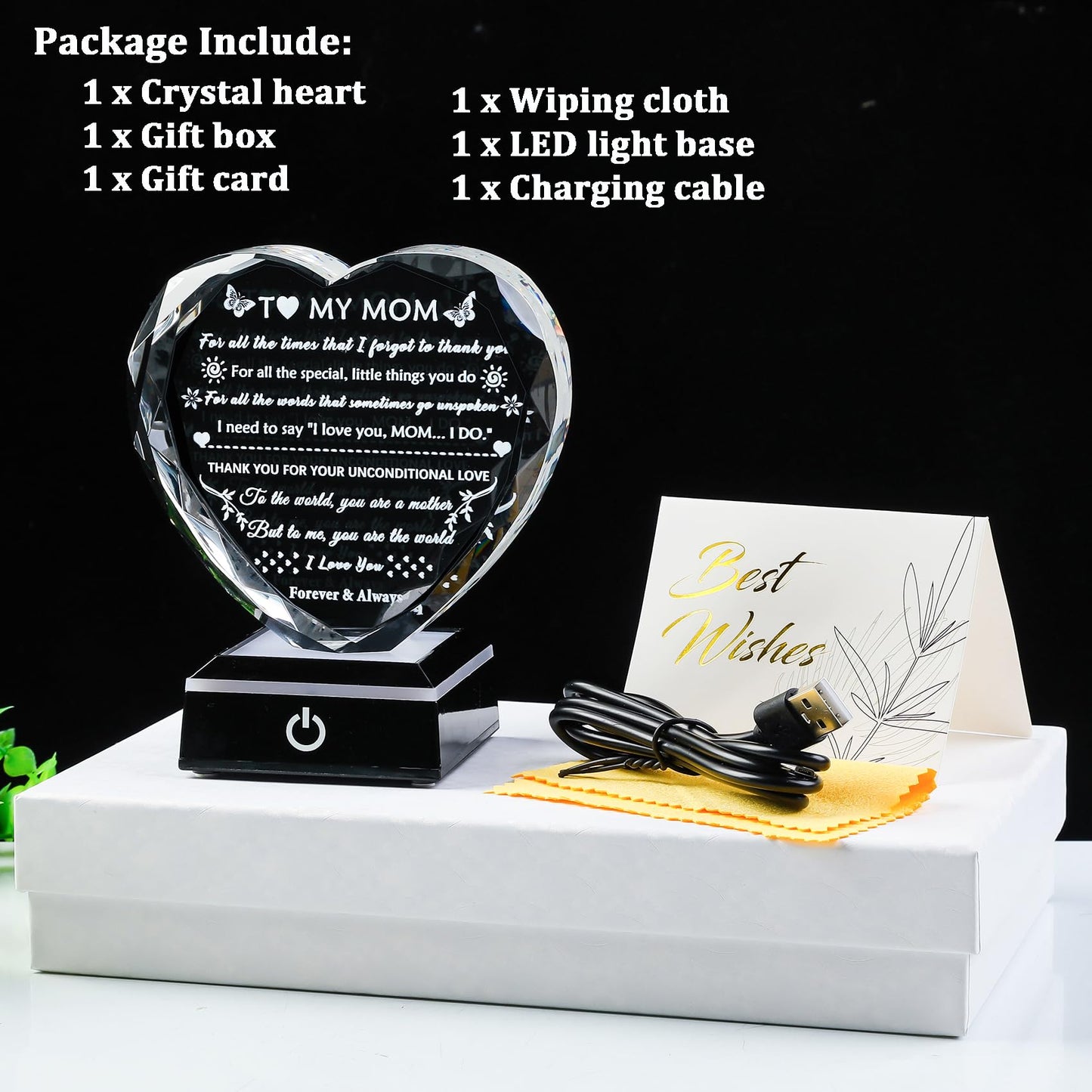 YWHL Gifts for Mom from Daughter Son, Birthday Gifts for Mom Who has Everything, To My Mom Gifts for Mother's Day Crystal Heart Keepsake with LED Base, Present for Mother on Christmas Valentine's Day